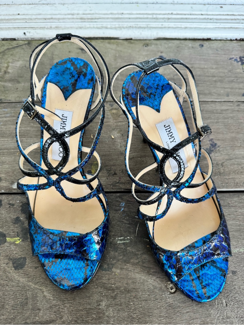 Jimmy Choo Blue and Black Snake-Effect Strappy Heels